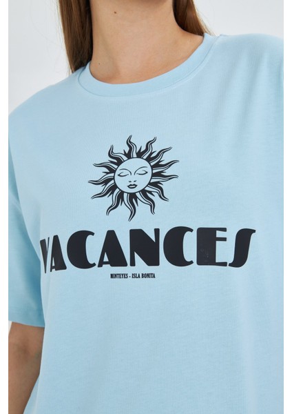 Vacanses Baskılı %100 Pamuklu Kadın Comfort Tişört modelleri