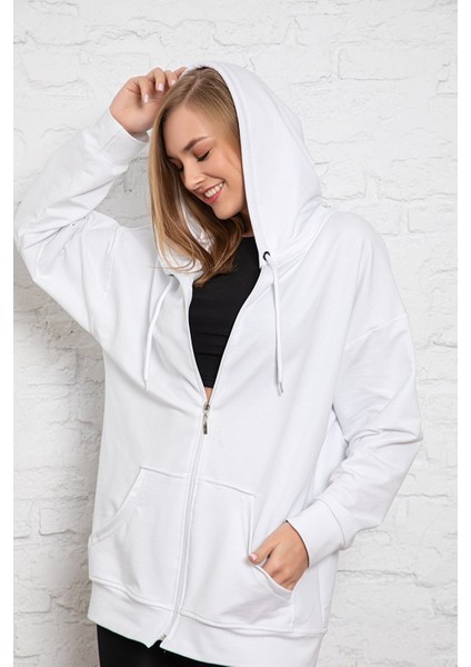 Beyaz Kapüşonlu Oversize/geniş Kalıp Fermuarlı Kapüşonlu Kalın Içi Polarlı Sweatshirt K-501