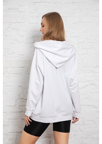 Beyaz Kapüşonlu Oversize/geniş Kalıp Fermuarlı Kapüşonlu Kalın Içi Polarlı Sweatshirt K-501 fiyatları