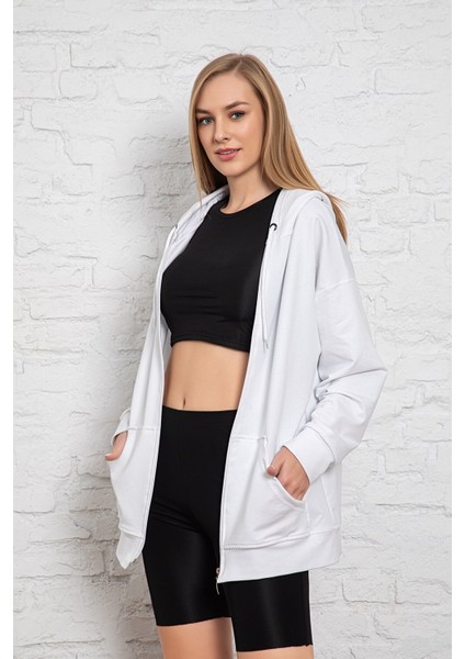 Beyaz Kapüşonlu Oversize/geniş Kalıp Fermuarlı Kapüşonlu Kalın Içi Polarlı Sweatshirt K-501 fırsatları