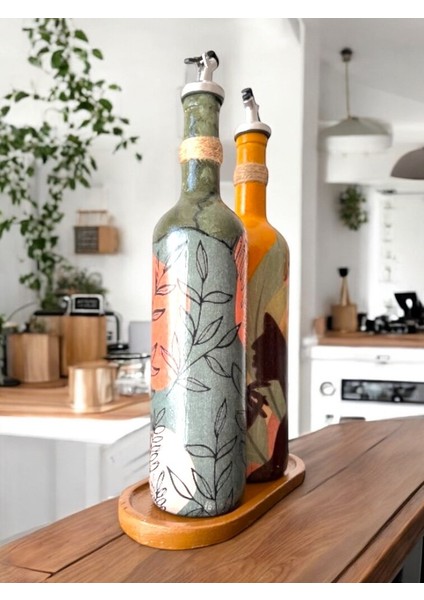 Modern Tasarımlı Kadın Desenli Renkli 750 ml Zeytinyağı Sıvıyağ Şişesi Yağdanlık Yağlık 2'li Set