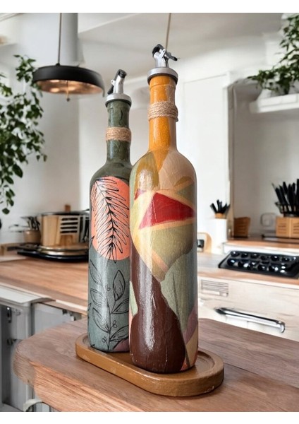 Modern Tasarımlı Kadın Desenli Renkli 750 ml Zeytinyağı Sıvıyağ Şişesi Yağdanlık Yağlık 2'li Set