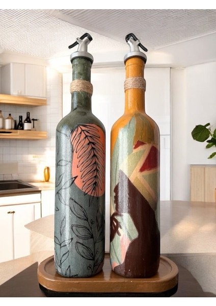 Modern Tasarımlı Kadın Desenli Renkli 750 ml Zeytinyağı Sıvıyağ Şişesi Yağdanlık Yağlık 2'li Set