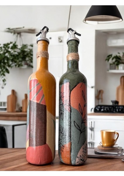 Modern Tasarımlı Kadın Desenli Renkli 750 ml Zeytinyağı Sıvıyağ Şişesi Yağdanlık Yağlık 2'li Set