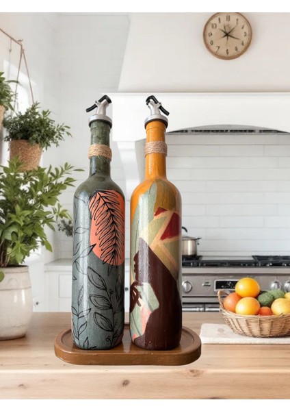 Modern Tasarımlı Kadın Desenli Renkli 750 ml Zeytinyağı Sıvıyağ Şişesi Yağdanlık Yağlık 2'li Set