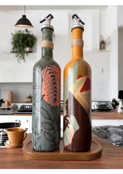 Modern Tasarımlı Kadın Desenli Renkli 750 ml Zeytinyağı Sıvıyağ Şişesi Yağdanlık Yağlık 2'li Set