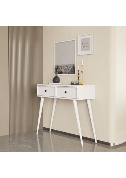 6021 Luna (Ahşap Ayaklı) Mdf Profil Çerçeveli 2 Çekmeceli Dresuar Beyaz