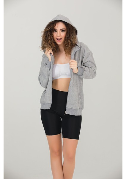Gri Kapüşonlu Oversize/geniş Kalıp Fermuarlı Kapüşonlu Kalın Içi Polarlı Sweatshirt K-502