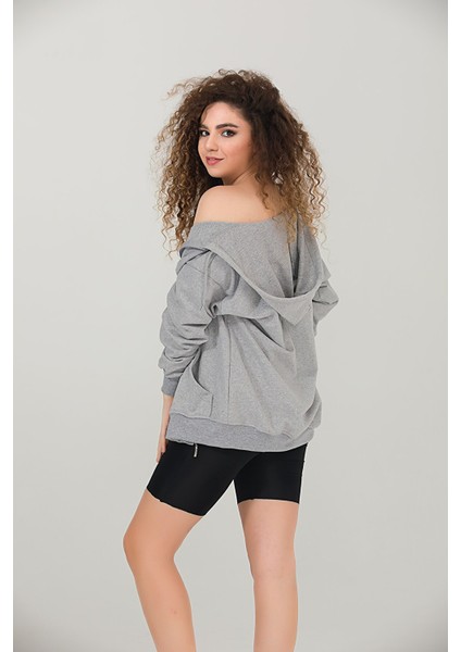 Gri Kapüşonlu Oversize/geniş Kalıp Fermuarlı Kapüşonlu Kalın Içi Polarlı Sweatshirt K-502 modelleri