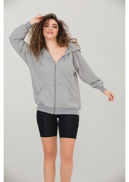 Gri Kapüşonlu Oversize/geniş Kalıp Fermuarlı Kapüşonlu Kalın Içi Polarlı Sweatshirt K-502 fırsatları