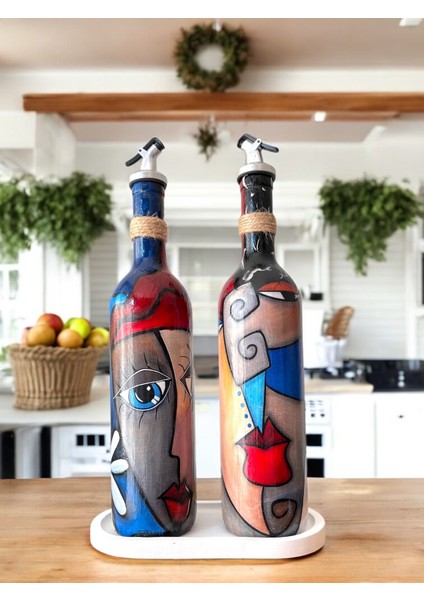 Modern Tasarımlı Soyut Yüz Desenli Renkli 750 ml Zeytinyağı Sıvıyağ Şişesi Yağdanlık Yağlık 2'li Set