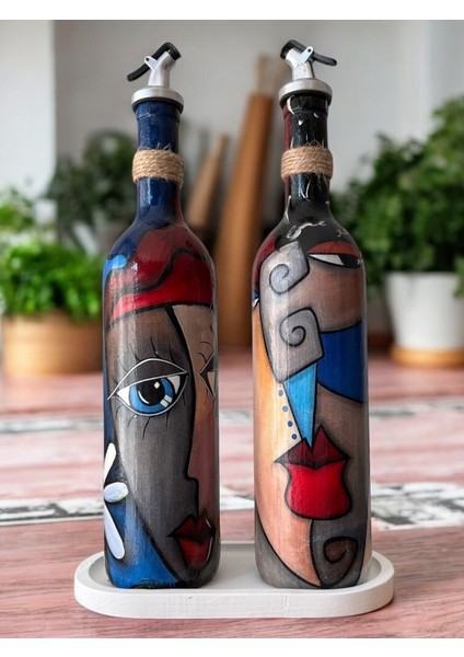 Modern Tasarımlı Soyut Yüz Desenli Renkli 750 ml Zeytinyağı Sıvıyağ Şişesi Yağdanlık Yağlık 2'li Set