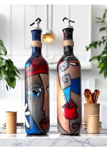 Modern Tasarımlı Soyut Yüz Desenli Renkli 750 ml Zeytinyağı Sıvıyağ Şişesi Yağdanlık Yağlık 2'li Set