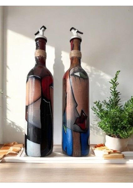 Modern Tasarımlı Soyut Yüz Desenli Renkli 750 ml Zeytinyağı Sıvıyağ Şişesi Yağdanlık Yağlık 2'li Set