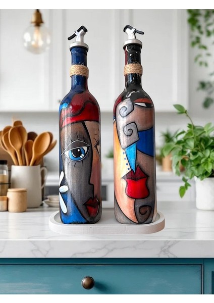 Modern Tasarımlı Soyut Yüz Desenli Renkli 750 ml Zeytinyağı Sıvıyağ Şişesi Yağdanlık Yağlık 2'li Set