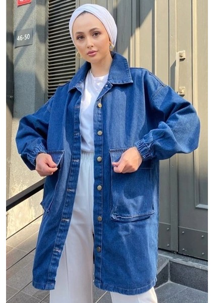Oversize Cepli Kot Ceket 1435 - Mavi