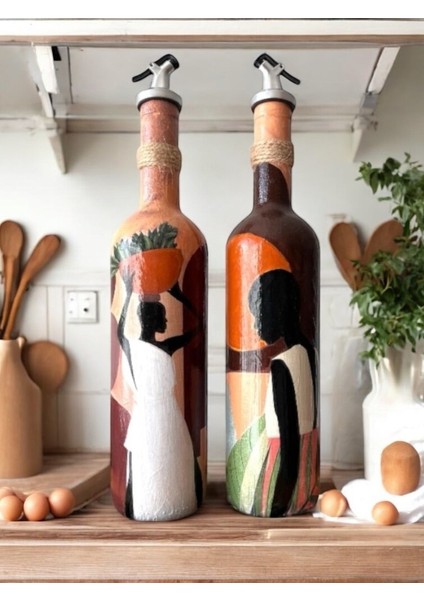 Kadın Temalı El Yapımı 750 ml Zeytinyağı Sıvıyağ Şişesi Yağdanlık Yağlık 2'li Set
