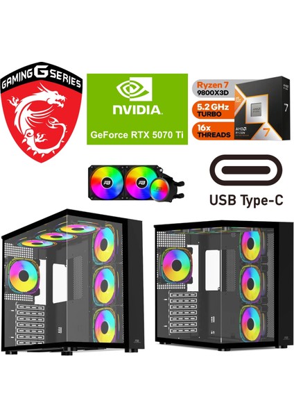 Gaming Pc Ddr5 – Rtx 5070Tİ 16GB – Ryzen 7 9800X3D – 64 GB Ddr5 Ram- 2 Tb M.2 SSD – Sıvı Sogutmalı – Windows 11 Pro