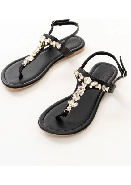 152-1110 Siyah Gümüş Taşlı Parmak Arası Kadın Sandalet indirimleri
