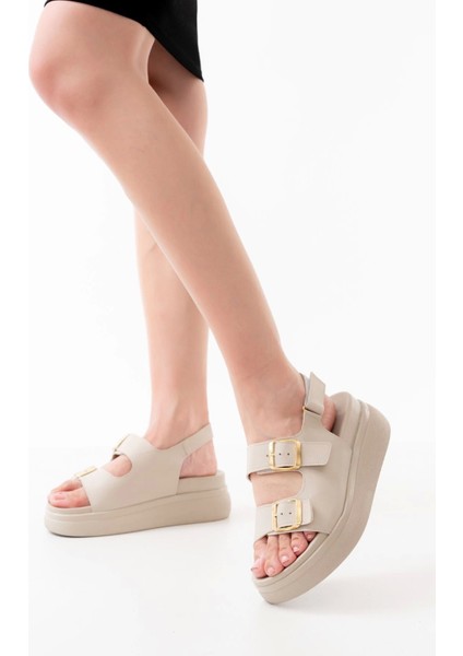 24422-1185 Bej Dolgu Topuk Kadın Sandalet modelleri