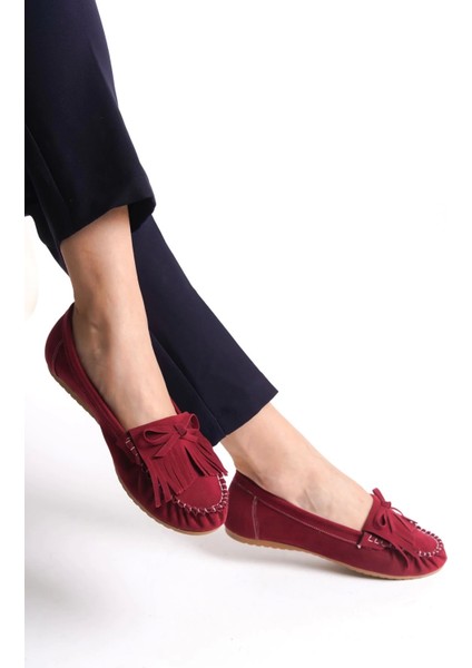 PS-100 Bordo Süet Püsküllü Günlük Kadın Babet fiyatları