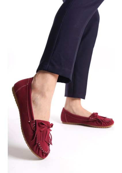 PS-100 Bordo Süet Püsküllü Günlük Kadın Babet modelleri