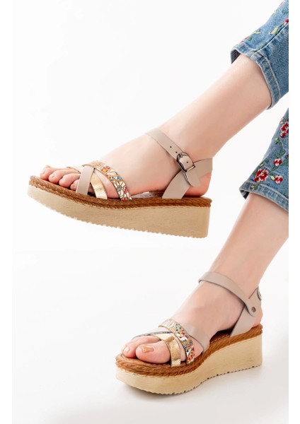 730-015 Bej Garni Ortopedik Deri Dolgu Kadın Sandalet