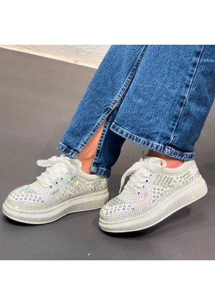 Krıste Bell 0003 Beyaz Kadın Süper Star Taşlı Premium Sneaker Spor Ayakkabı