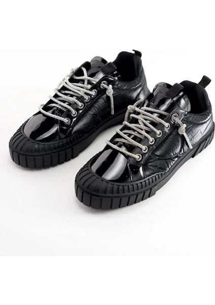 Krıste Bell 03 Rugan Siyah Paraşüt Kumaş Deri Taşlı Bağcıklı Sneaker Kadın Spor Ayakkabı