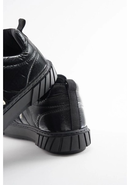Krıste Bell 03 Rugan Siyah Paraşüt Kumaş Deri Taşlı Bağcıklı Sneaker Kadın Spor Ayakkabı