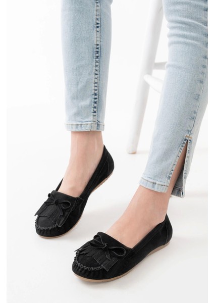 PS-100 Siyah Süet Püsküllü Günlük Kadın Babet modelleri