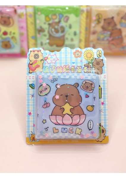 Capybara Sulu Pullu Anahtarlıklı Stickerlı Kapibara Not Defteri (7,5x7,5 Cm) - Luck