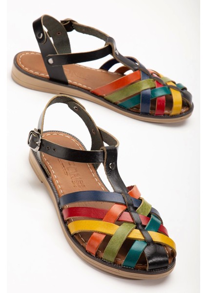 205-02 Siyah Multi Ortopedik Deri Kadın Sandalet modelleri