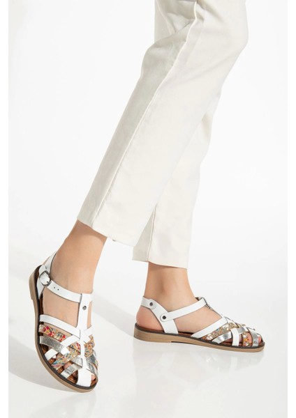 205-02 Beyaz Garni Ortopedik Deri Kadın Sandalet