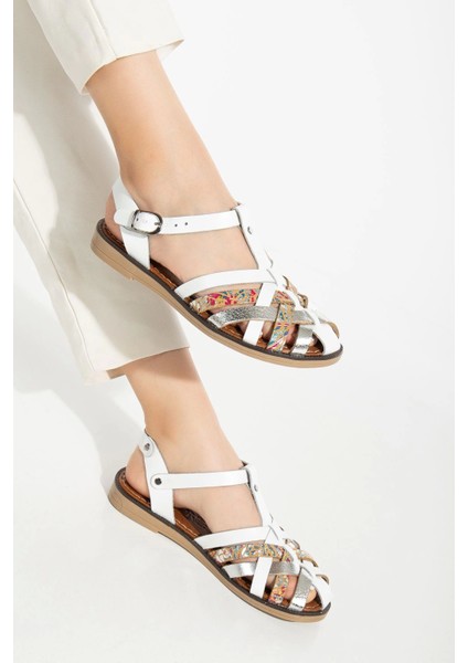 205-02 Beyaz Garni Ortopedik Deri Kadın Sandalet fiyatları