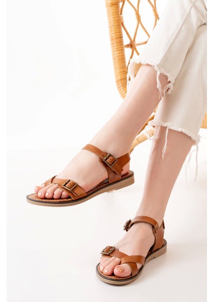 205-091 Taba Ortopedik Deri Kadın Sandalet