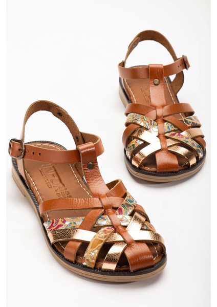 205-02 Taba Garni Ortopedik Deri Kadın Sandalet modelleri