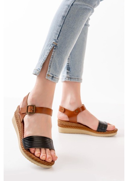 731-07 Siyah Ortopedik Deri Dolgu Kadın Sandalet fiyatları