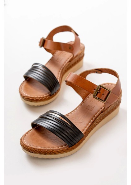 731-07 Siyah Ortopedik Deri Dolgu Kadın Sandalet fırsatları