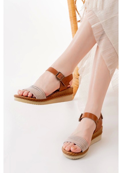 731-07 Bej Ortopedik Deri Dolgu Kadın Sandalet