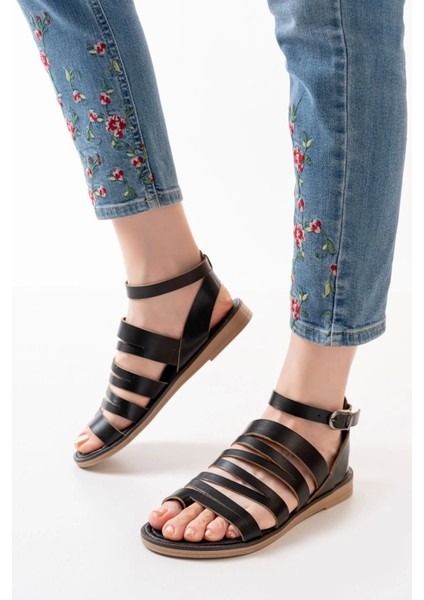 205-041 Siyah Ortopedik Deri Kadın Sandalet