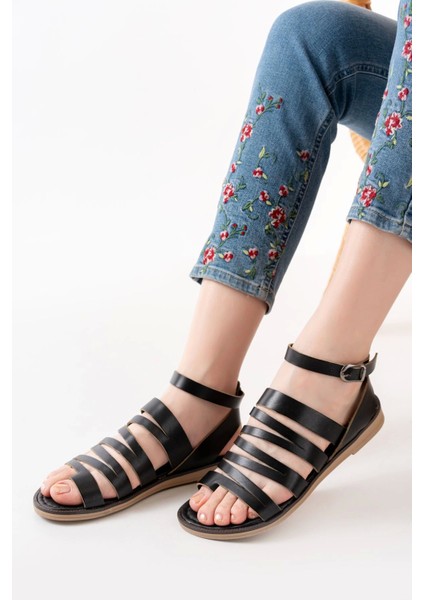 205-041 Siyah Ortopedik Deri Kadın Sandalet fiyatları