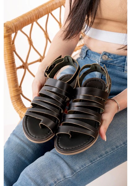 205-041 Siyah Ortopedik Deri Kadın Sandalet modelleri