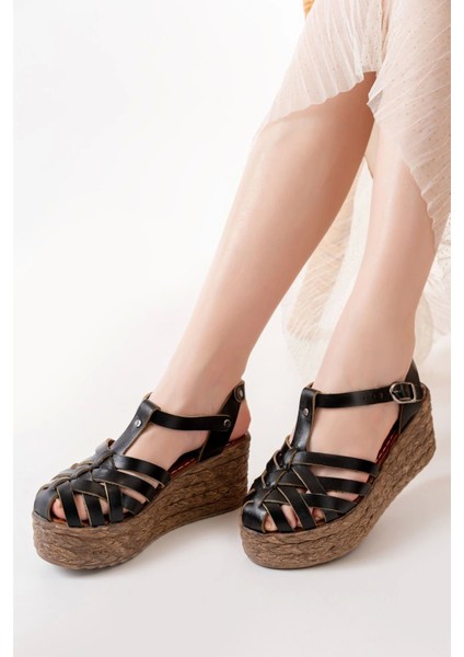 684-02 Siyah Ortopedik Deri Dolgu Kadın Sandalet