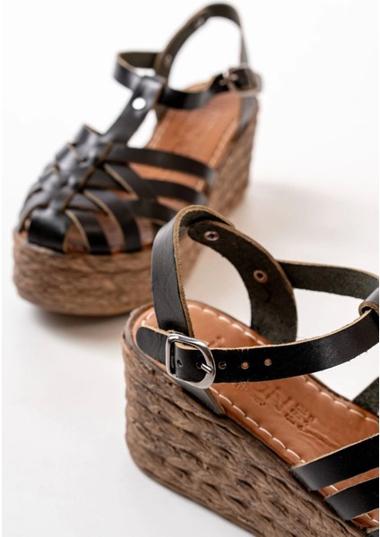 684-02 Siyah Ortopedik Deri Dolgu Kadın Sandalet indirimleri