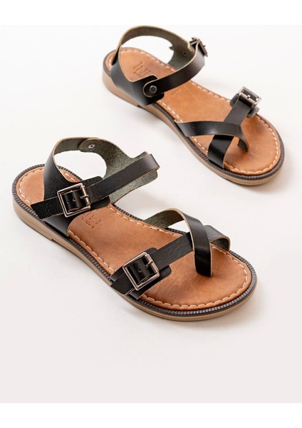 205-091 Siyah Ortopedik Deri Kadın Sandalet modelleri