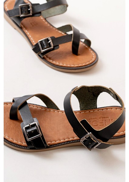 205-091 Siyah Ortopedik Deri Kadın Sandalet fırsatları