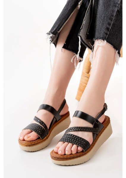 730-152 Siyah Ortopedik Deri Dolgu Kadın Sandalet fiyatları