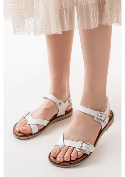 205-091 Beyaz Ortopedik Deri Kadın Sandalet