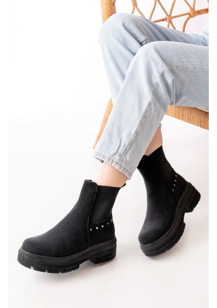 749-2005 Siyah Zümrüt Düz Topuklu Lastikli Günlük Kadın Bot